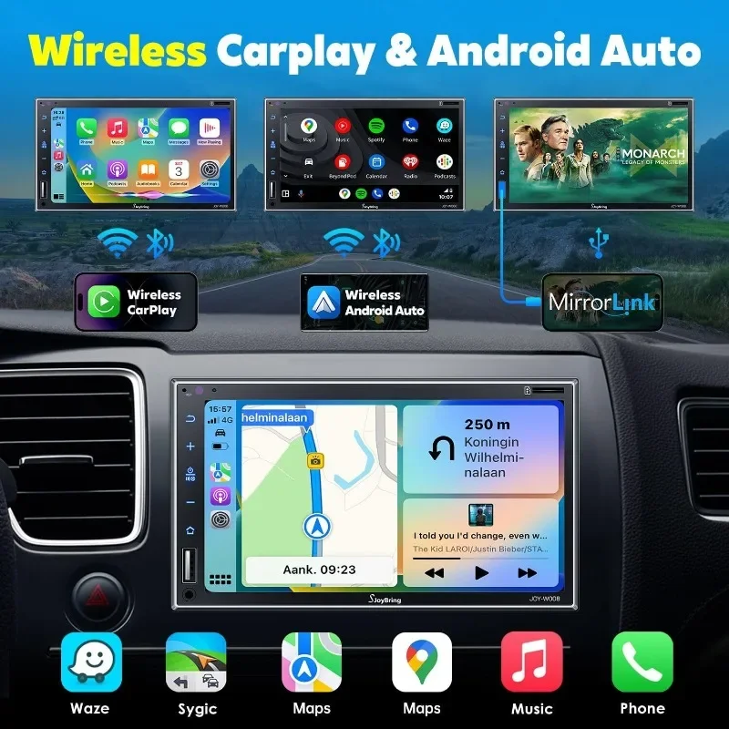 ستيريو سيارة مزدوج الدين مع Carplay لاسلكي، Android Auto، شاشة لمس سعوية عالية الدقة 7 بوصة - بلوتوث،