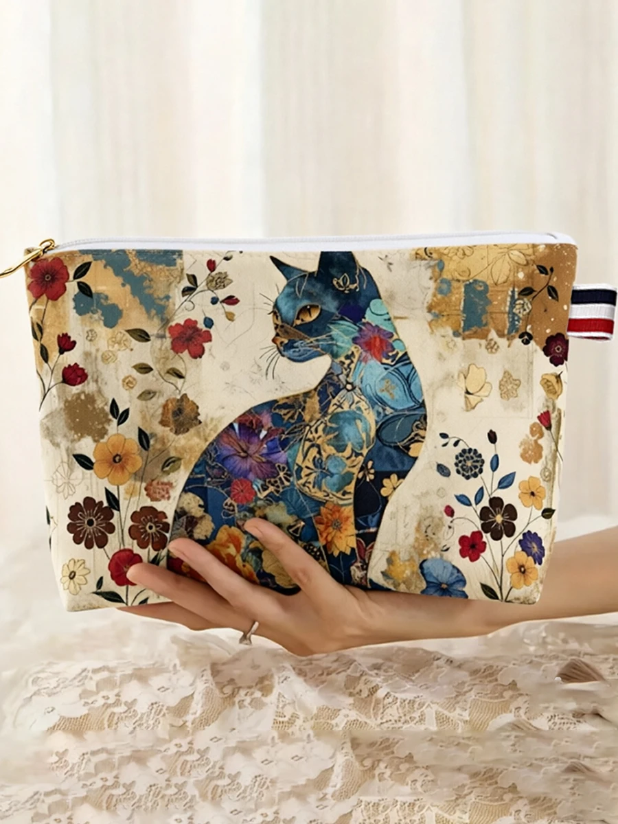 Lightweight Polyester Vibrant Floral Cat Pattern Makeup Bag with Zipper Travel Cosmetic Pouch for Women, Artistic Design Flowers
