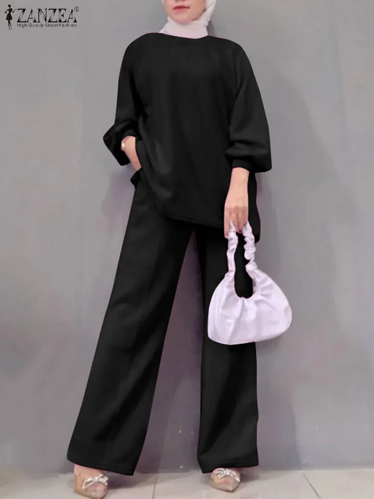 

2024 ZANZEA Spring Fashion Women Matching Sets 2PCS Muslim Tracksuit Elegant Long Sleeve Blouse Pants Sets Casual Loose Suits