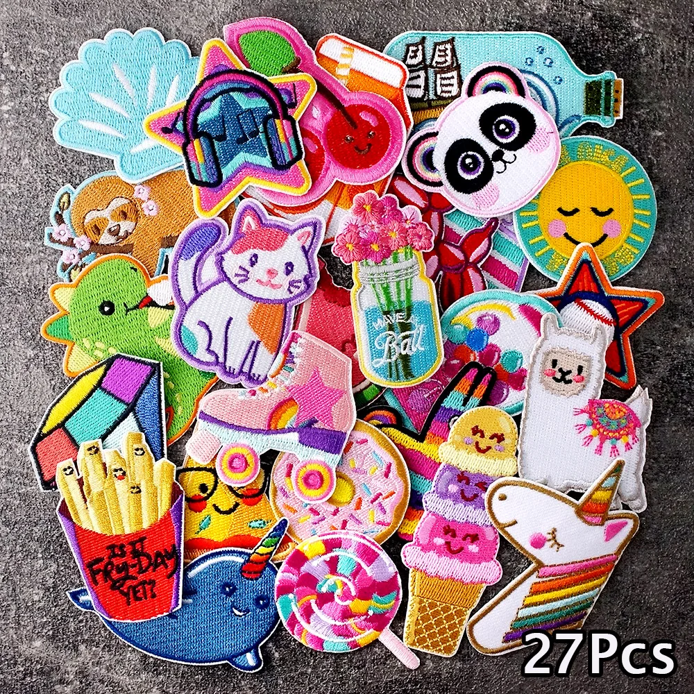 27Pcs/Lot Cat Horse Lollipop Dinosaur Patches Embroidery Applique Ironing Clothing Sewing Supplies Decorative Handmade Patch