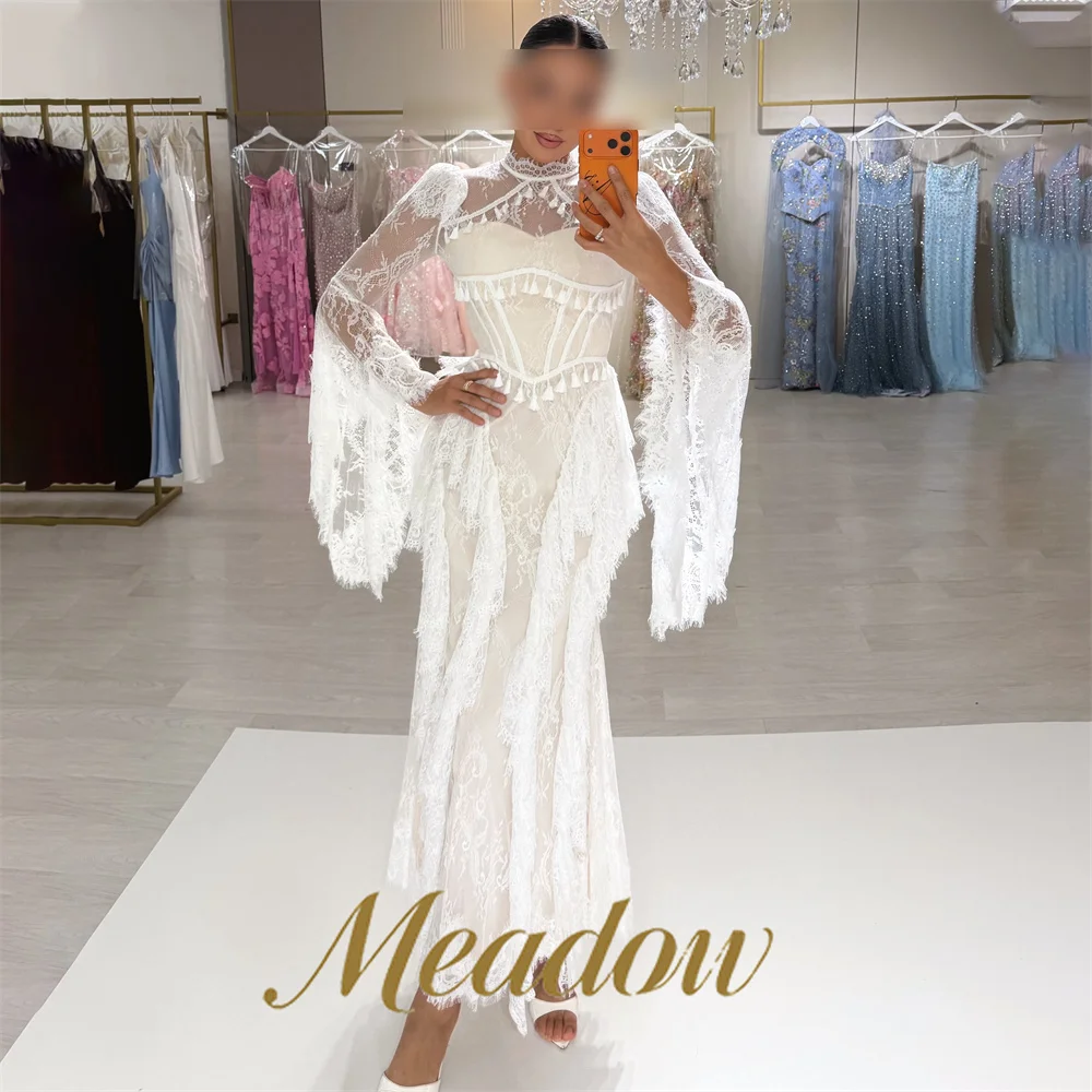 Meadow White Lace Vintage Prom Dresses Tassel Decoration Evening Dresses Round Neck Long Length Wedding Party Dress Customizable