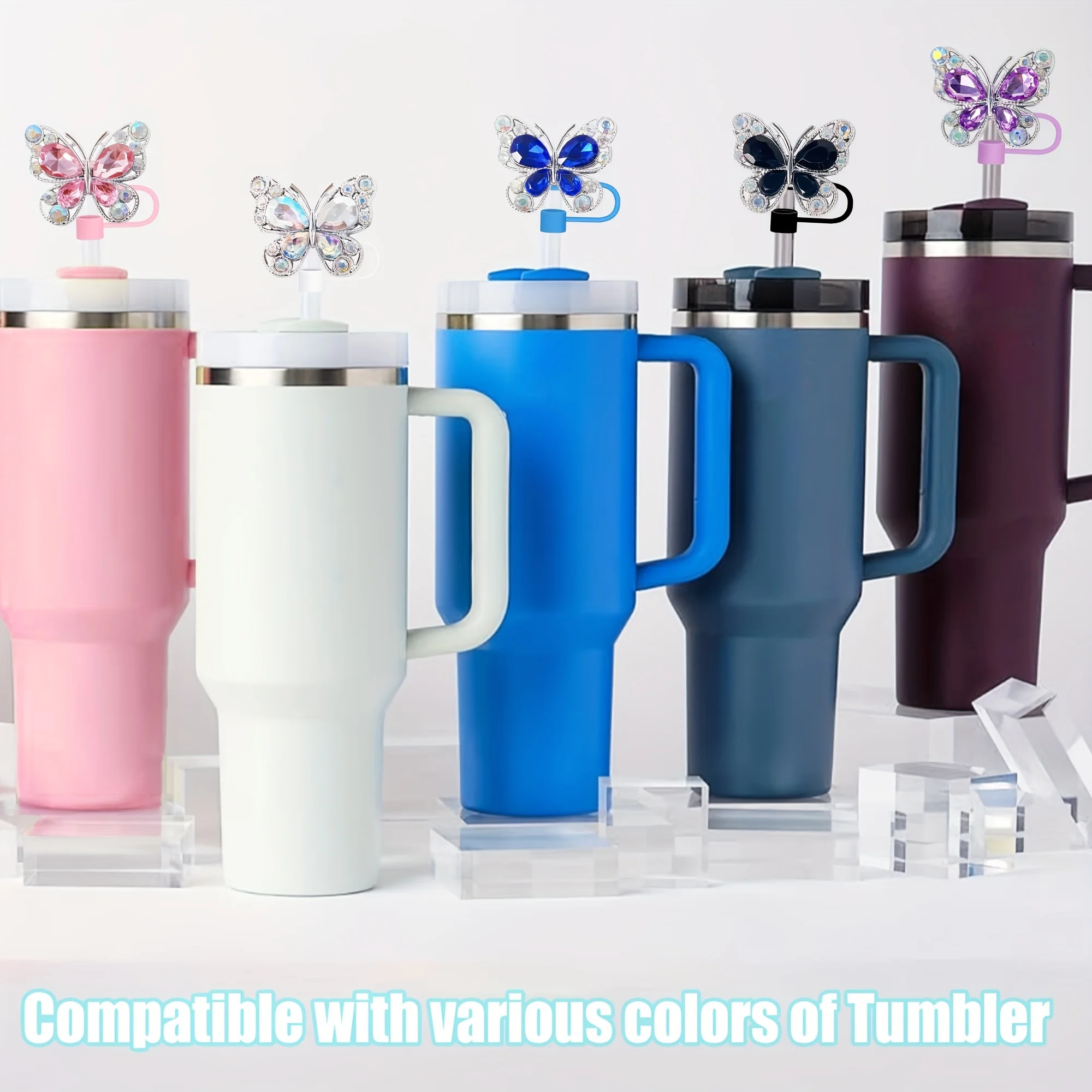 4 قطع من أغطية القش المصنوعة من السيليكون على شكل فراشة لامعة، أغطية قابلة لإعادة الاستخدام مقاومة للغبار لشفاطات قطرها 1.02 سم، تصميم طرف القش المزخرف