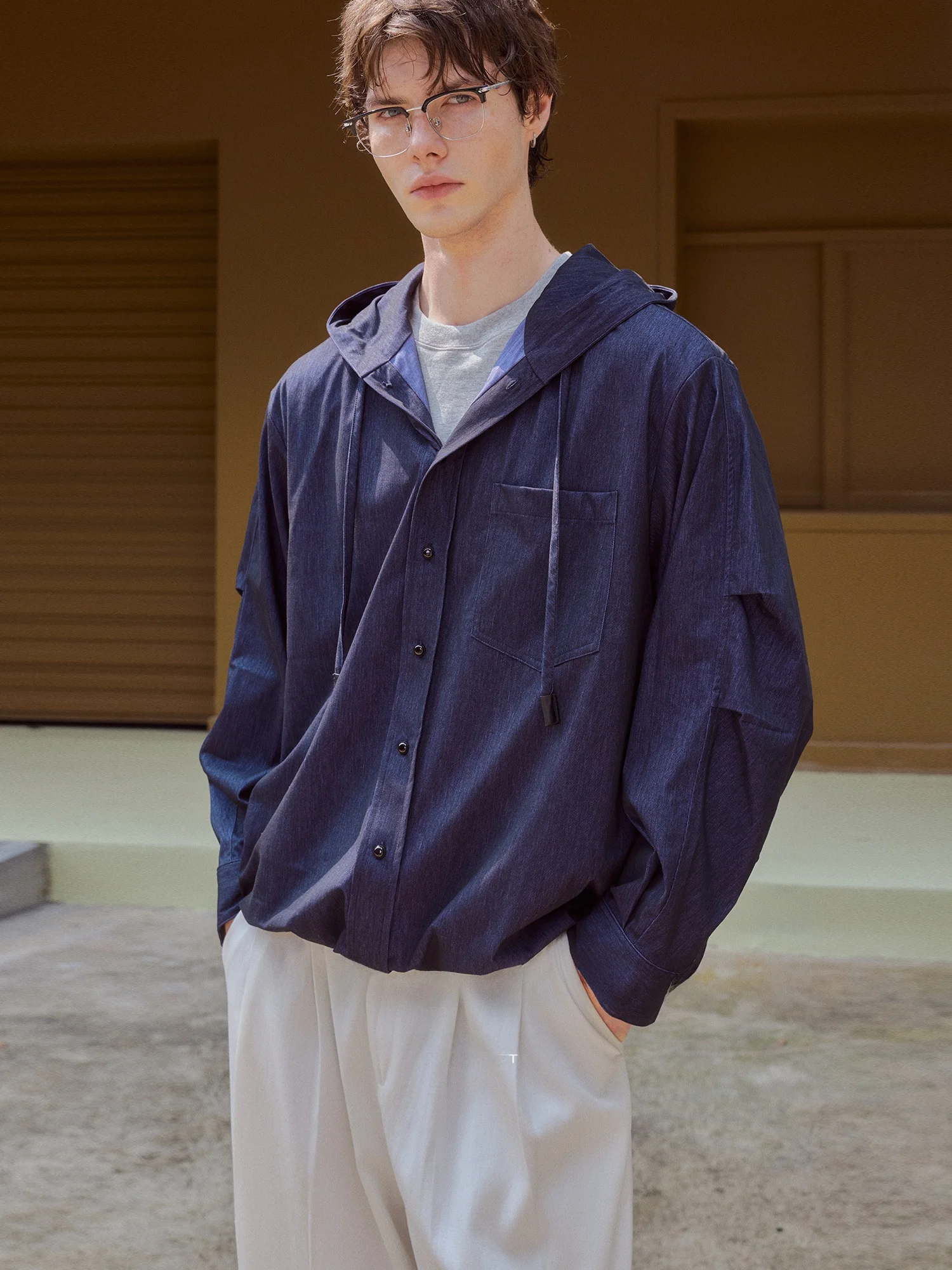 Loose Fit Hooded Jacket Men's Casual Style Thin Outerwear by Mr. Er Bai Polyester Rayon Nylon Lenzing Fiber Blend Long Sleeve