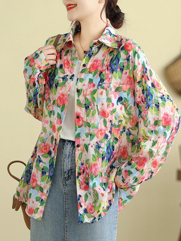 

Хлопково-льняная рубашка с принтом и длинным рукавом, женская свободная повседневная блузка в художественном стиле, весна-осень, новинка, корейская версия, омолаживающий эффект