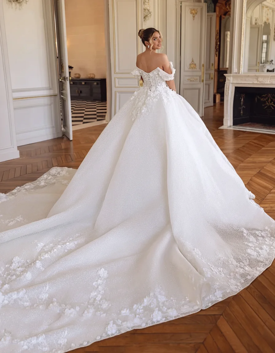 Luxury Off Shoulder Bridal Ball Dress 3D Lace Decal A-line Princess Wedding Dress Romantic Bride Dress Customization