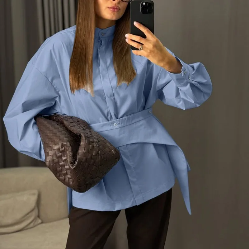 Chemisier Chic Français à Col Amovible pour Femme, Élégant, Nouvelle Collection 2026, Manches Longues, Boutonné, avec Nœud à la Taille, Coupe Ajustée, Haut Décontracté