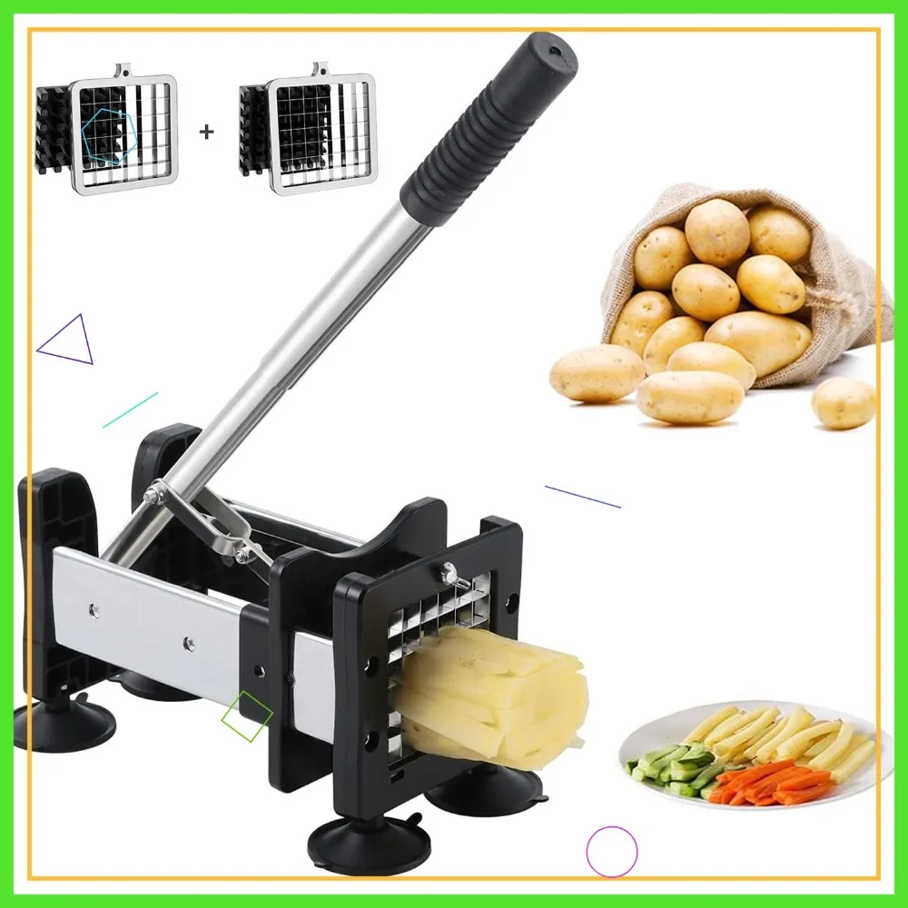 

Stainless Steel French Fry Cutter with 2 Blade Sizes for Potatoes, Vegetables, Fruits - Durable & Easy to Use