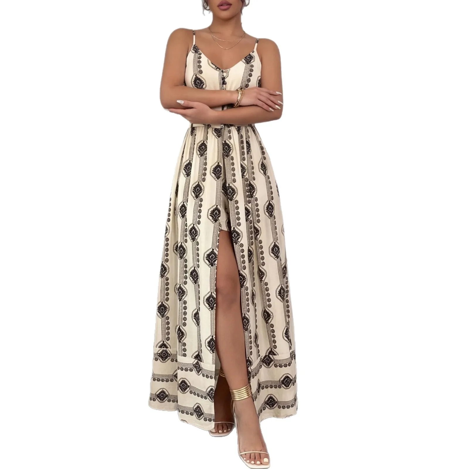 

2026 Summer New Women's Geometric Print Spaghetti Strap Maxi Dress V-Neck Slit Front Vacation Dress Elegant Casual Long Dress