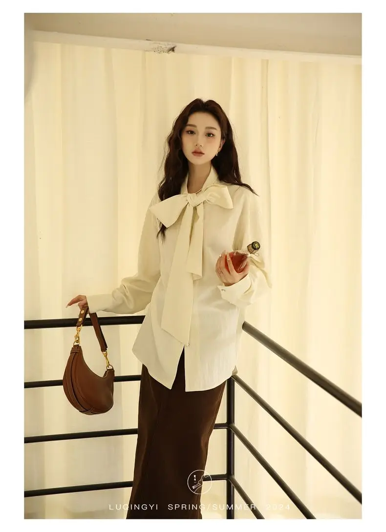 Shirt Bow Ribbon Design French Women'S Spring And Autumn Loose Casual Commuter Long-Sleeved Blouse Women'S Blouse