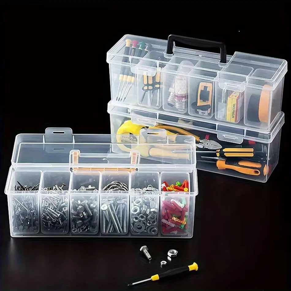 Multi Compartment Transparent Tool Organizer Hardware Storage Box with Carry Handle for Home Organization and Garage