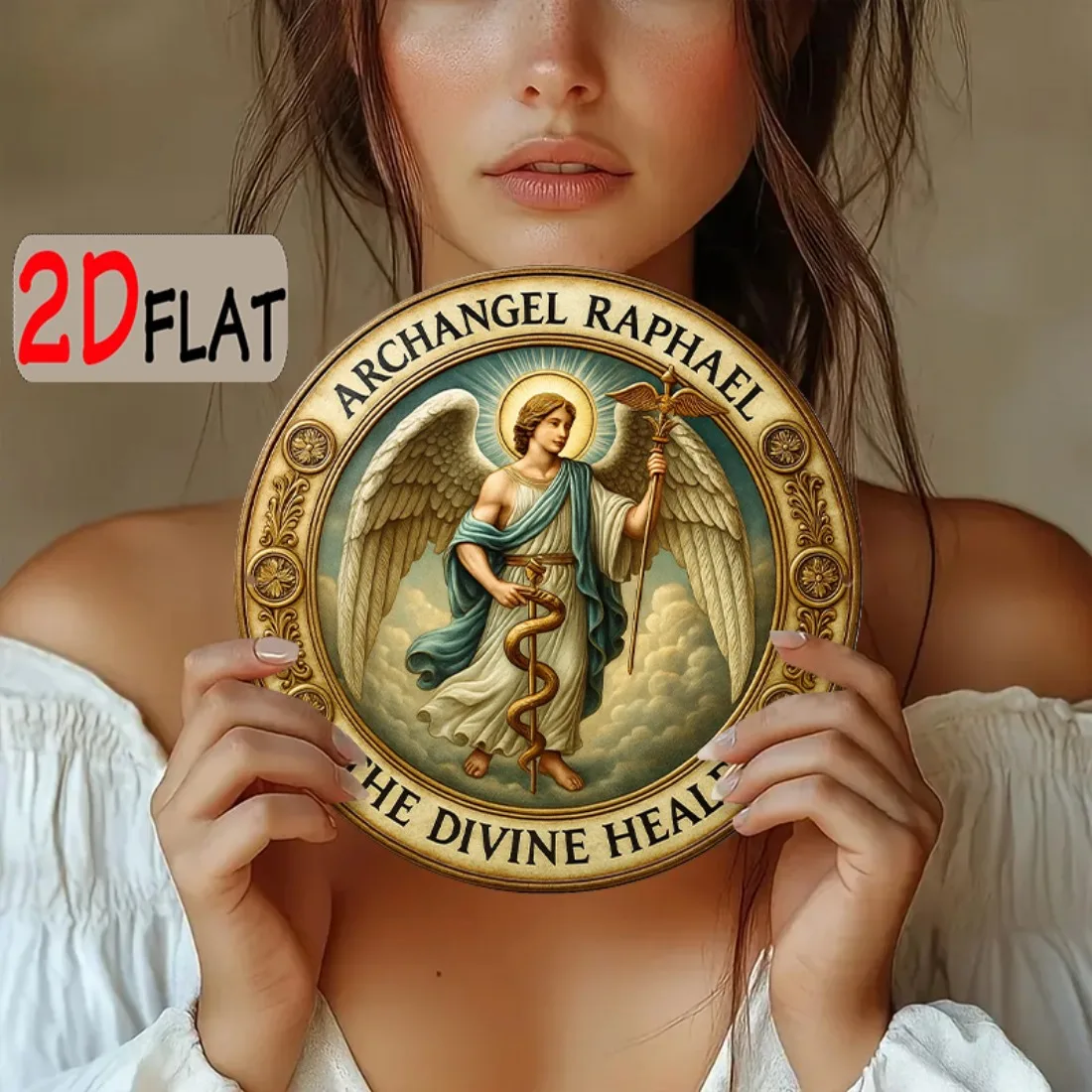 Flat Archangel Raphael Metal Wall Plaque 20cm Round Religious Gift Healing Angel Home Decor view 5