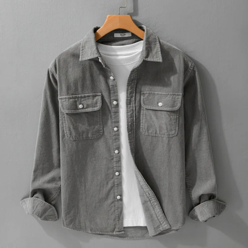 

American Retro Casual Men's Corduroy Long Sleeve Shirts Spring Fall Loose Versatile Simple Youth Vintage Male Blouse 9755