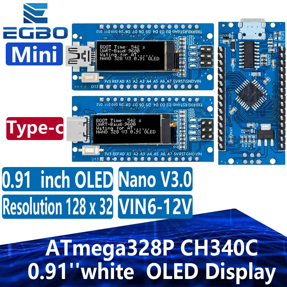 Nano V3.0 Development Board ATmega328P CH340C 0.91''white  OLED Display 128*32 For Arduino Nano V3.0 MINI USB