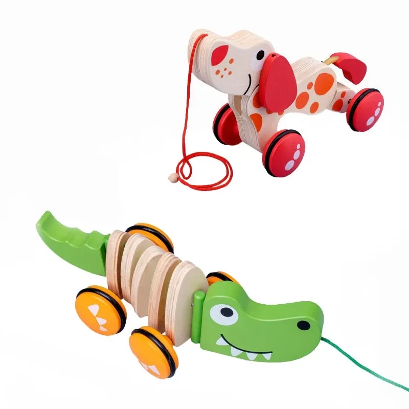 Crocodile Pull Wooden Toy Montessori Toddler Pull Rope Toy with Rope Pull Type Baby Early Education Tool Outdoor Walking Playing