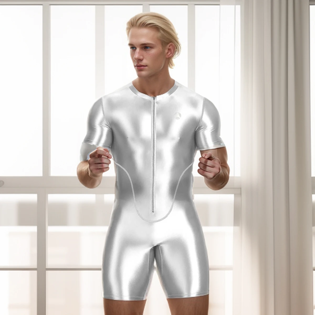 AMORESY Men Glossy Satin Short Sleeve Knee-Length Bodybuilding Swimwear Sportswear Jumpsuit Bodysuit Tracksuit Sweatsuit Fitness