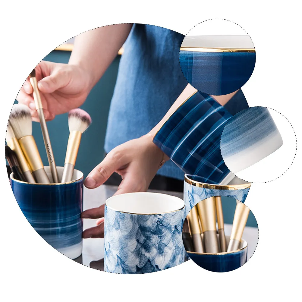 Ceramic Pen Holder Nordic Textured Multifunctional Storage Container for Office Home Makeup Brushes Pencil Holder Creative