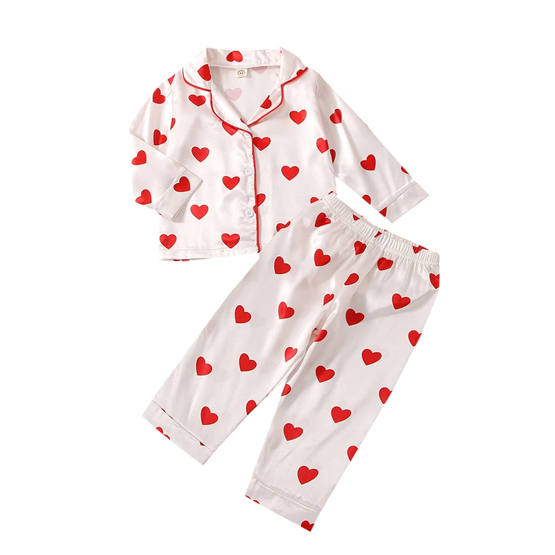 1-6Y Kid Girl Satin Pajamas Set Heart Print Valentine's Day Pajamas Sleepwear Valentine Satin Pjs Sleepwear Homewear Set