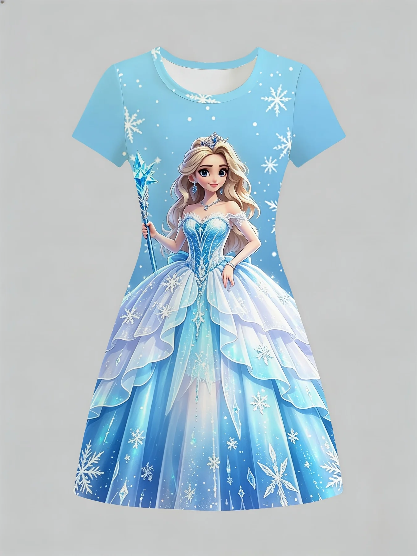 Little Girls Ice Princess Graphic Dress, Blonde Snow Queen with Magic Scepter & Snowflakes Pattern Short Sleeve Party Dress