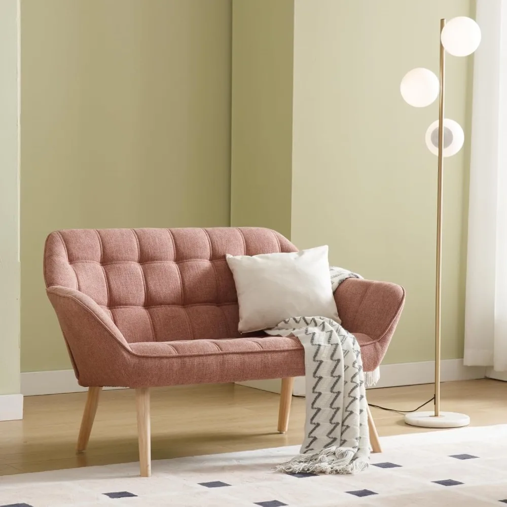 Mid Century Modern 2-Seat Linen Loveseat Sofa with Wood Legs and Tufted Wingback Design