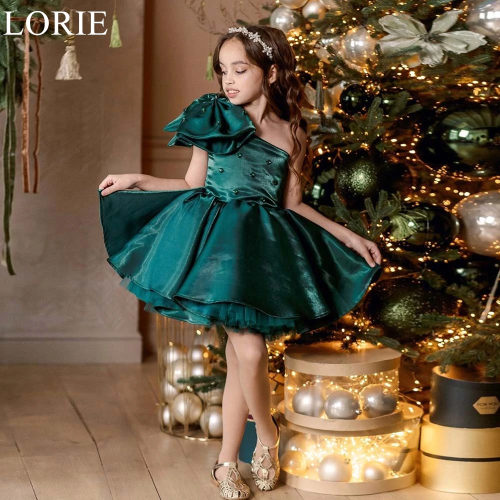 LORIE Cute Green Flower Girl Dresses A-Line One Shoulder Beading Pleated Bow Wedding Party Dress Fairy Birthday Dress Cusomized