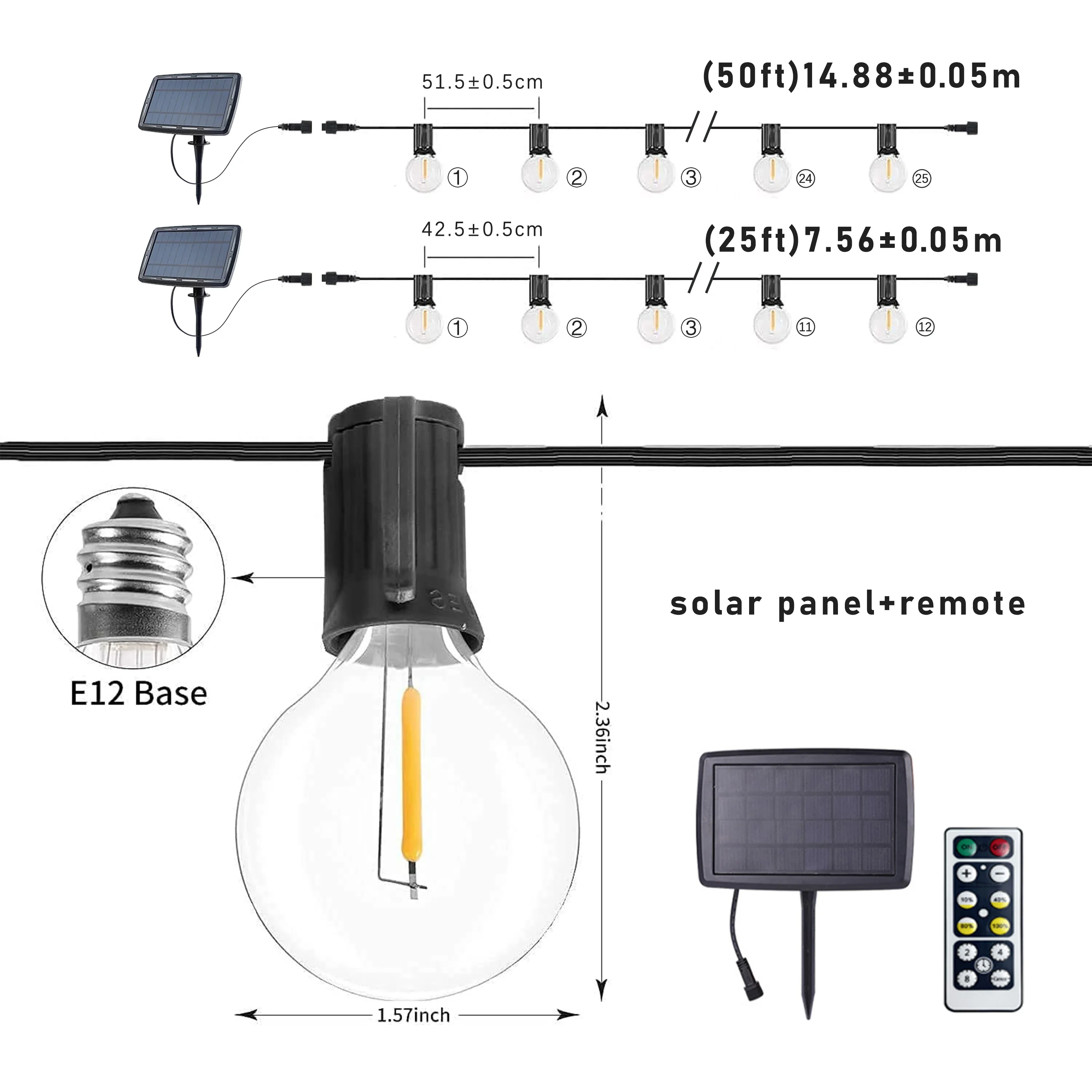 Imagem -05 - Luzes Solares da Corda com Controlador Remoto Regulável Bola G40 Lâmpada Led ao ar Livre Ip44 Impermeável Decoração do Jardim 25ft 50ft