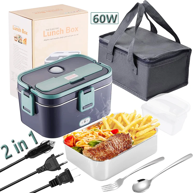 

60W Fast Electric Heating Lunch Box Dual Use Car Truck Office Heated Food Warmer Container Stainless Steel 12V 24V 110V 220V Set