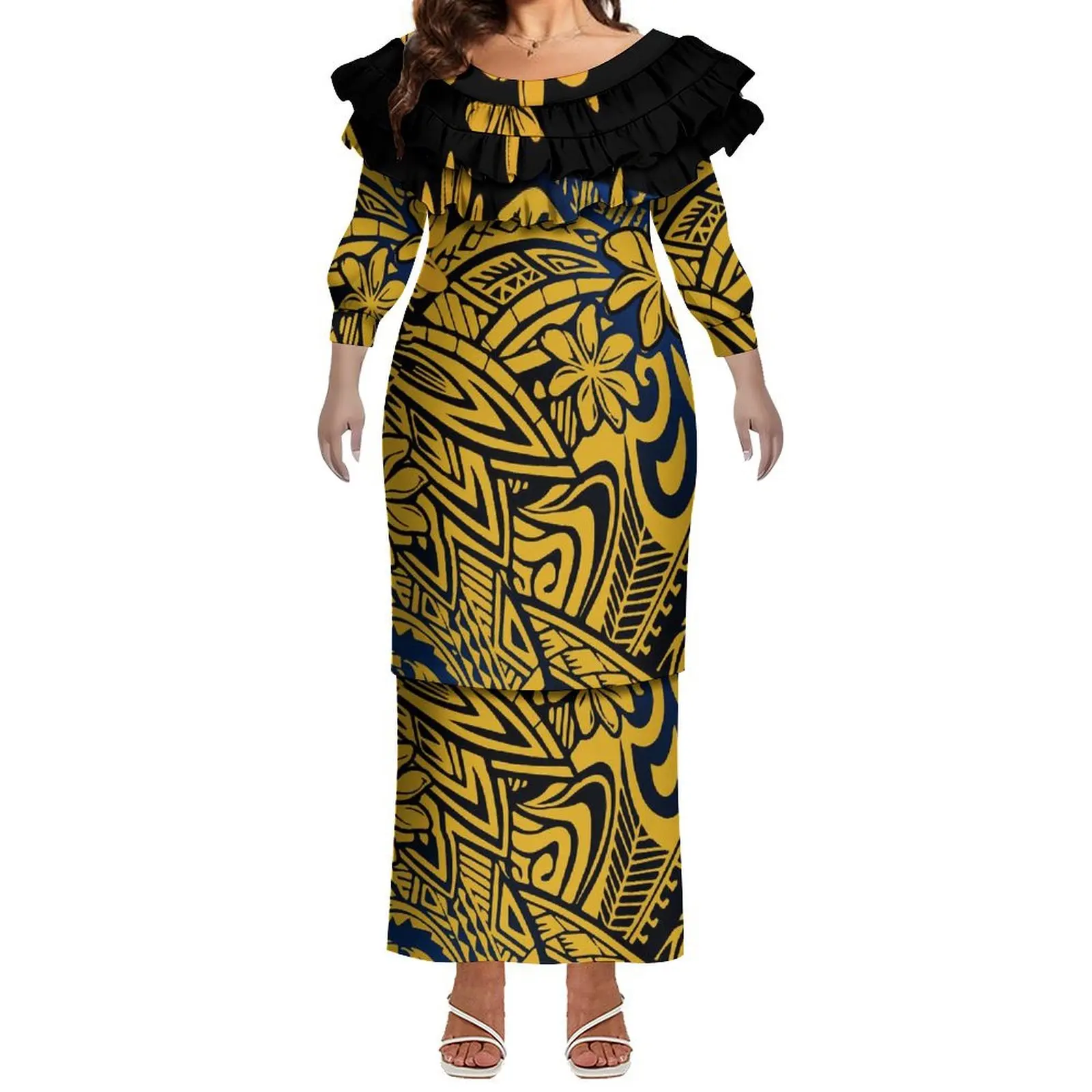 Novo vestido de design da ilha do pacífico polinésia puletasi vestido senhora dupla camada plissado tripulação pescoço vestido ilha de páscoa roupas 2 peças