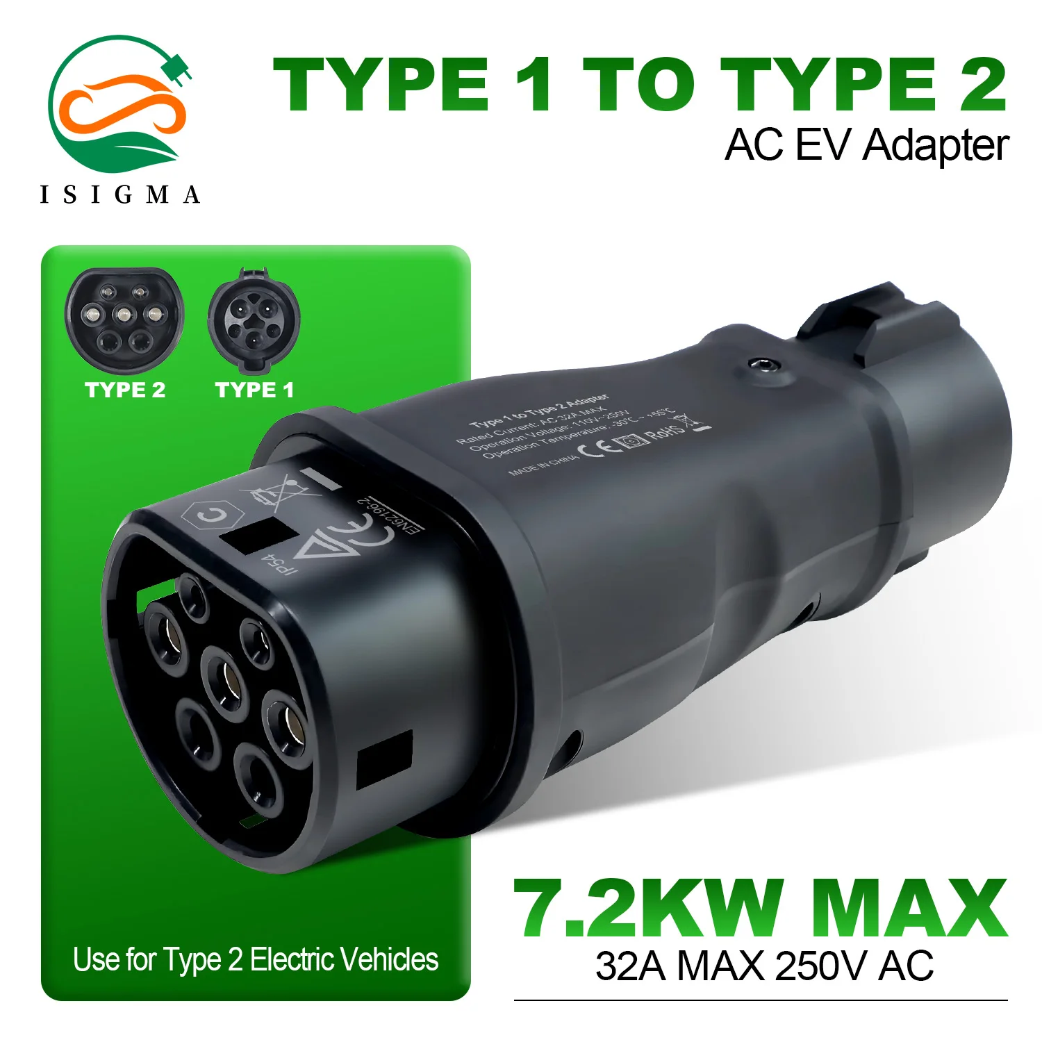 EV Charger Adapter J1772 Type 1 to Type 2 IEC 62196 32A 1Phase 7.2kW Max Electric Car Charging Connector