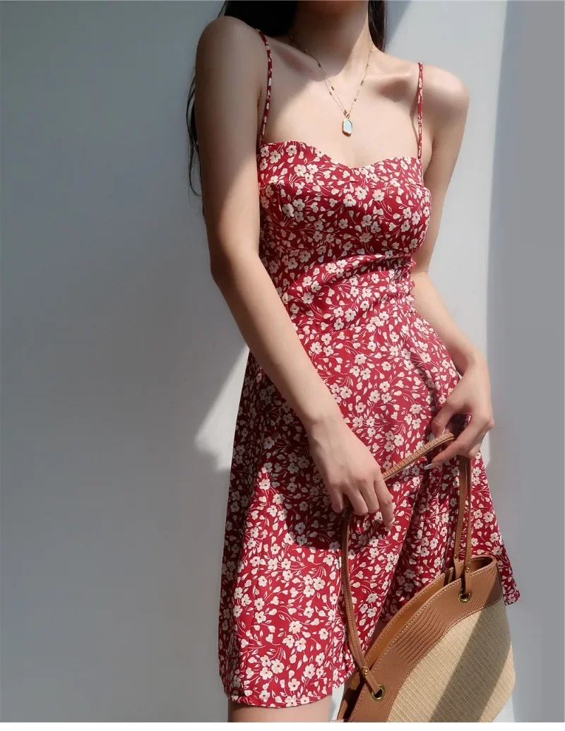 Women New Summer Floral Dress Slim Waist Bandage Slip Dresses Chic Sweet Girls Vintage Vocation Clothes Cute Cottagecore Dresses