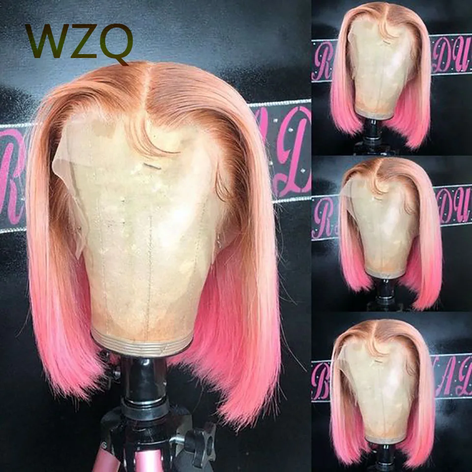

Розовый короткий парик из натуральных волос для женщин Ombre 4T Розовый 180% Плотность 13x4 Прозрачный парик фронта шнурка Прямой бразильский парик Remy