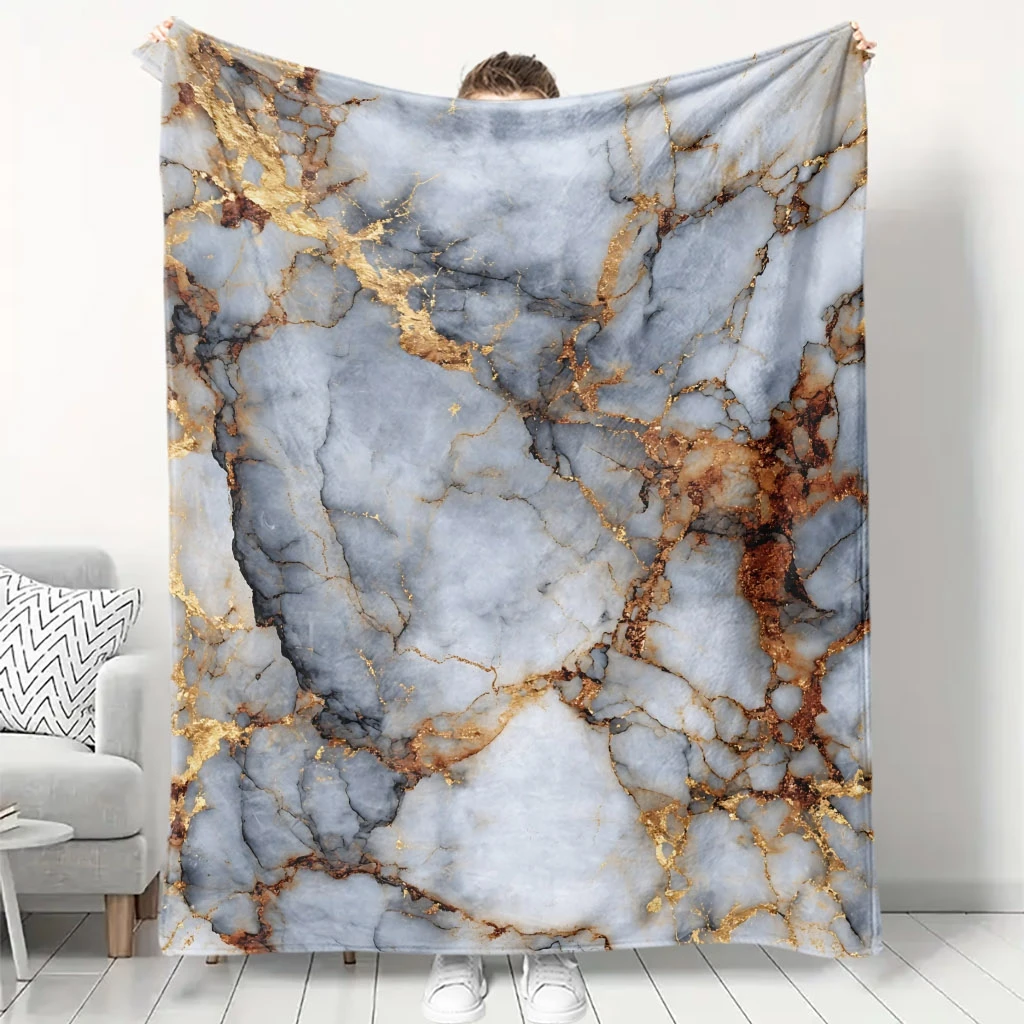 Abstract Grey Marble Gold Metallic Crack Vein Texture Pattern Flannel Throw Blanket, Warm Cozy Blanket, Elegant Modern Room Gift