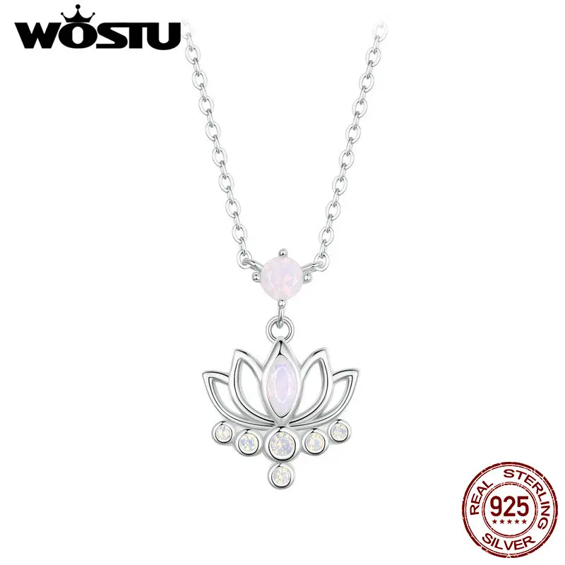 WOSTU 925 Sterling Silver Pink Opal Lotus Pendant Necklace For Women Mother's Day Jewelry Flower Stackable Neckalces Party Gift