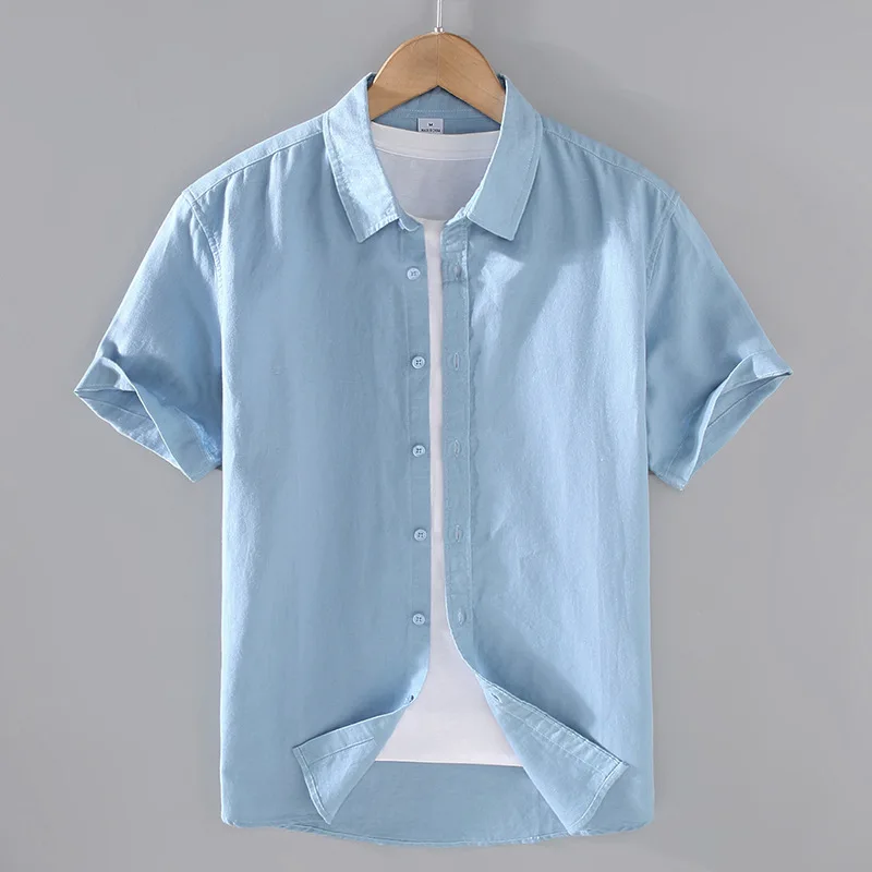 2024 Men\'s Solid Color Linen Shirt Short Sleeve Summer Breathable Thin Linen Casual Shirt