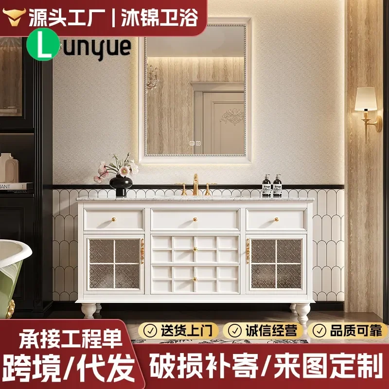 French Retro Bathroom Vanity Cabinet with Natural Marble Seamless Ceramic Basin and Rock Slab Washstand for Modern Home Decor
