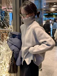 This year's fashion turtleneck 100% cashmere zipper cardigan women autumn and winter lazy loose thick knit sweater coat