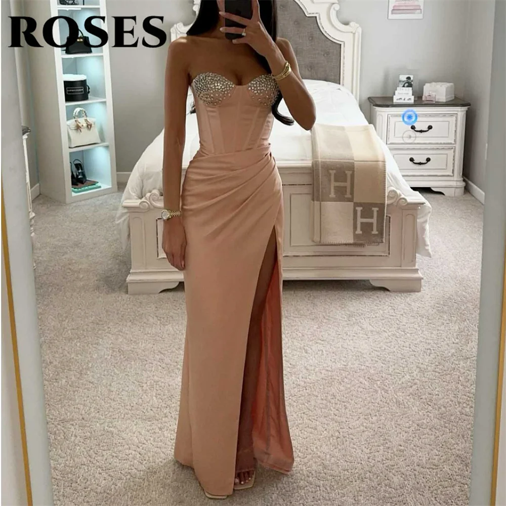 

ROSES Pink Evening Dress Sleeveless Trumpet Party Dresses with Pleats Sweetheart Vestido De Novia Sexy Side Split Prom Dress