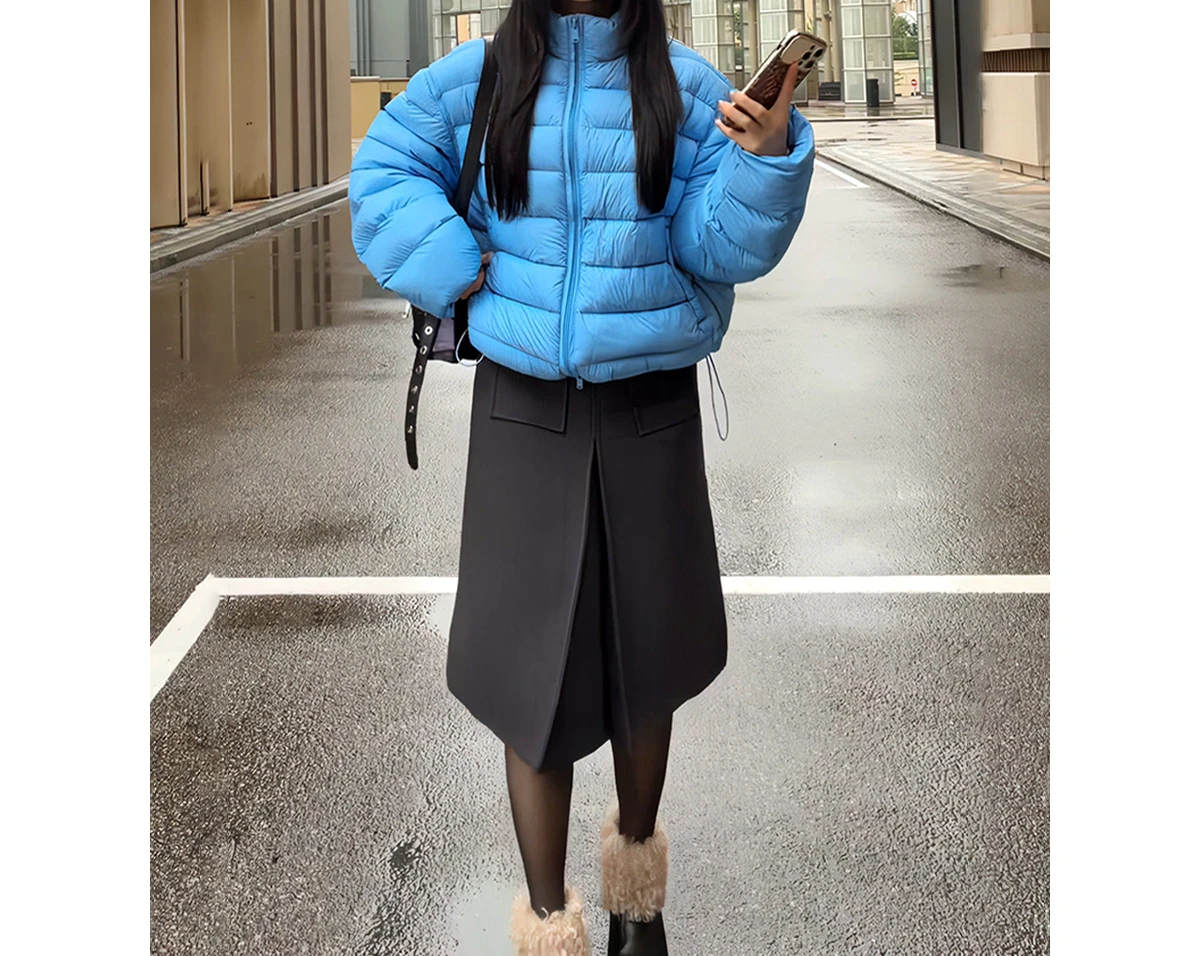 Col montant bleu court coton vêtements vêtements pour femmes hiver 2025 nouveau tempérament mince polyvalent pain vêtements veste