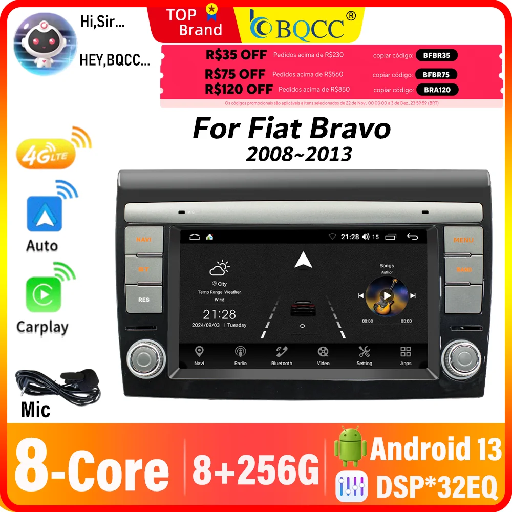 

BQCC 7'' 8 Core Car Radio For Fiat Bravo 2008-2013 AI Voice Wireless CarPlay Android Auto Multimedia Car Playe WIFI GPS RDS