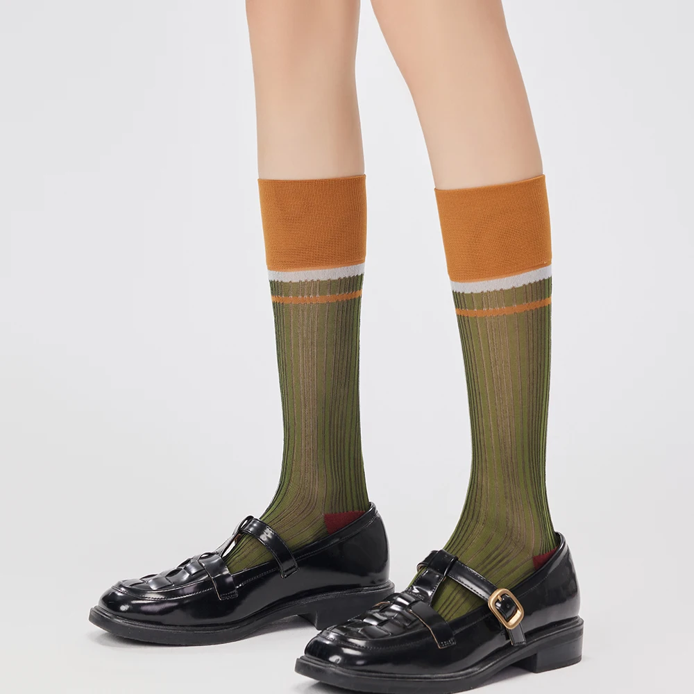 New Spring/Summer Women's Mid Length Socks Vintage Thin Silk Socks Vertical Stripe Mid leg Socks Sun Protection Long Stockings