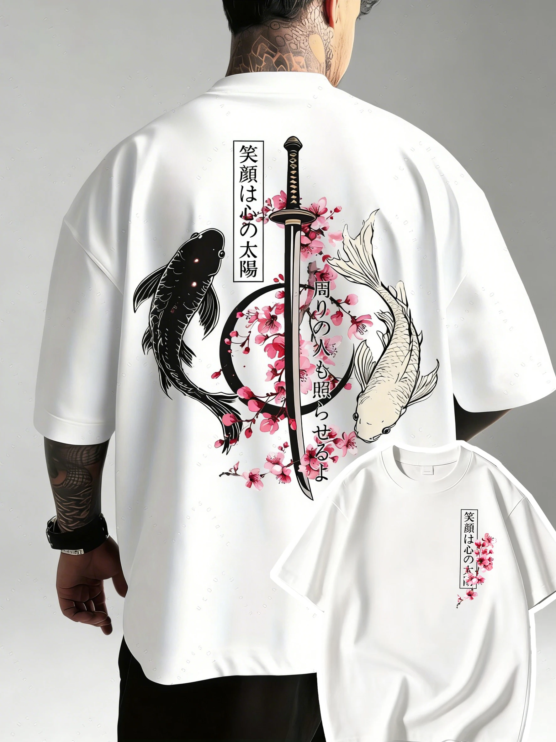 Summer Hot Japanese Yin Yang Koi Fish & Samurai Sword Pattern Cotton Men’s T-Shirt Short Sleeve Tees Casual Oversized Unisex Top image 6