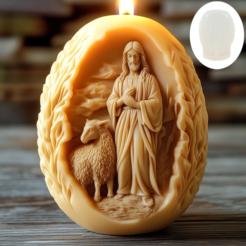 Molde de Silicone para Vela e Resina em Formato de Ovo de Páscoa com Relevo Jesus Pastor e Espiga de Trigo
