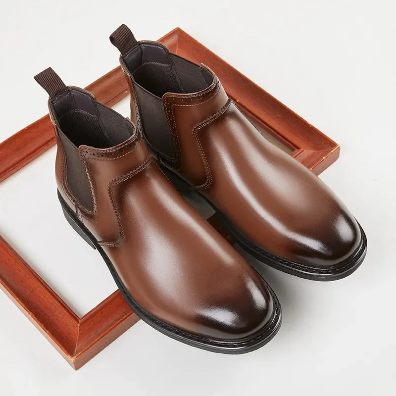 Vintage Mens Leather Oxford Boots Luxury Handmade 2026 Spring New Fashion British Style Round Toe Slip on Ankle Social Shoes Man - view 3