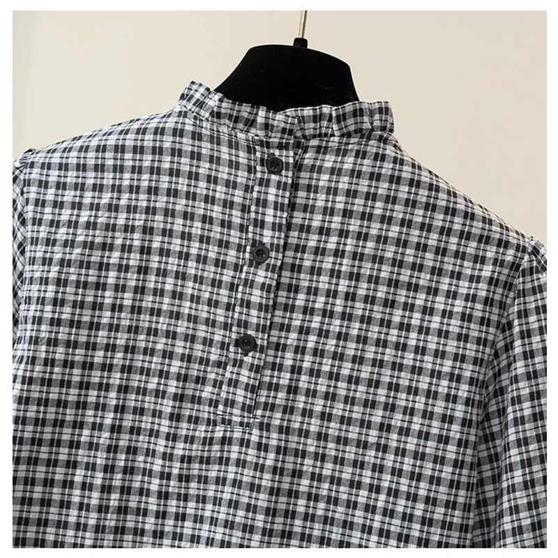 패셔너블한 면 린넨 여성 여름 상의 배를 가리는 나이 감소 효과 있는 오부 소매 라운드 넥 체크무늬 블라우스