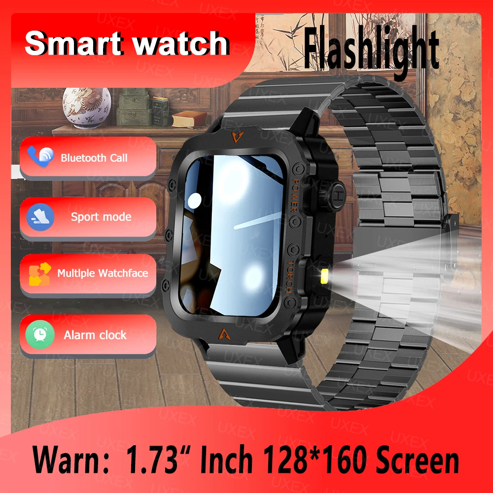 2025 New Military Smartwatch Men For Xiaomi Flashlight 1.73” Inch 128*160 Bluetooth Call Health Monitoring Multifunction Watches