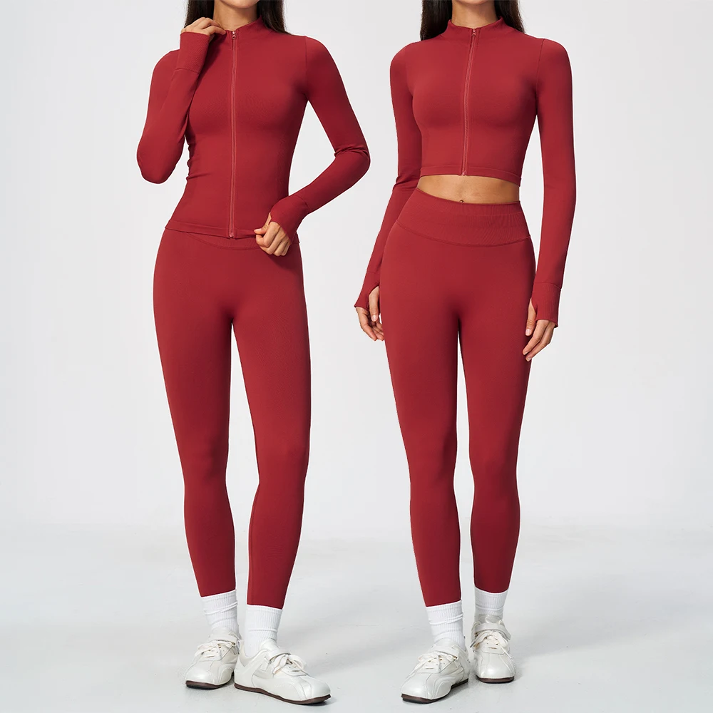 Workout Tracksuit Women's Seamless Ribbed Yoga Set Zipper Thumb Hole Long Sleeve High Waist Leggings Butt Lifting Gym Activewear