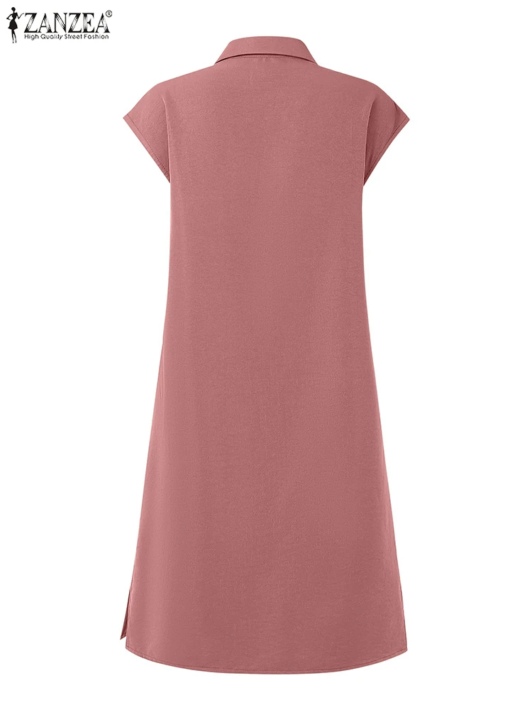 ZANZEA 2025 vestido de verano para mujer, moda elegante, vestidos OL de trabajo, vestido informal liso con botones, vestido veraniego con cuello de solapa, bata sin mangas de gran tamaño