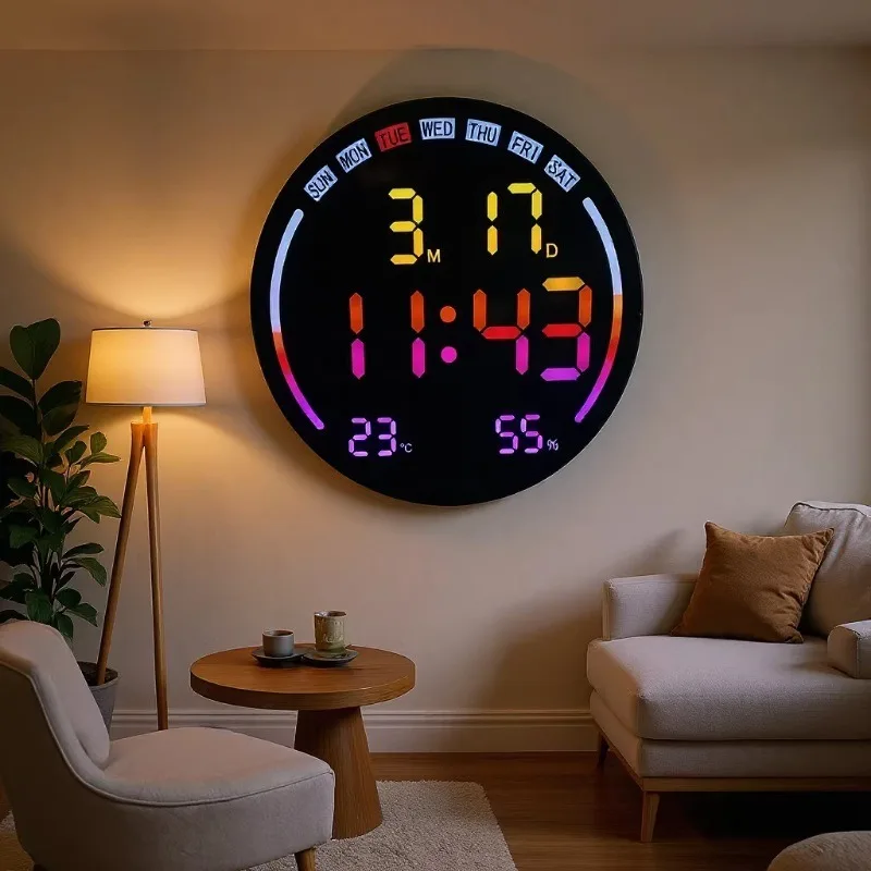 

RGB Wall Clock with Remote - Large Digital Calendar Temperature Humidity Display, Auto Dimmable LED Night Light for Living Room