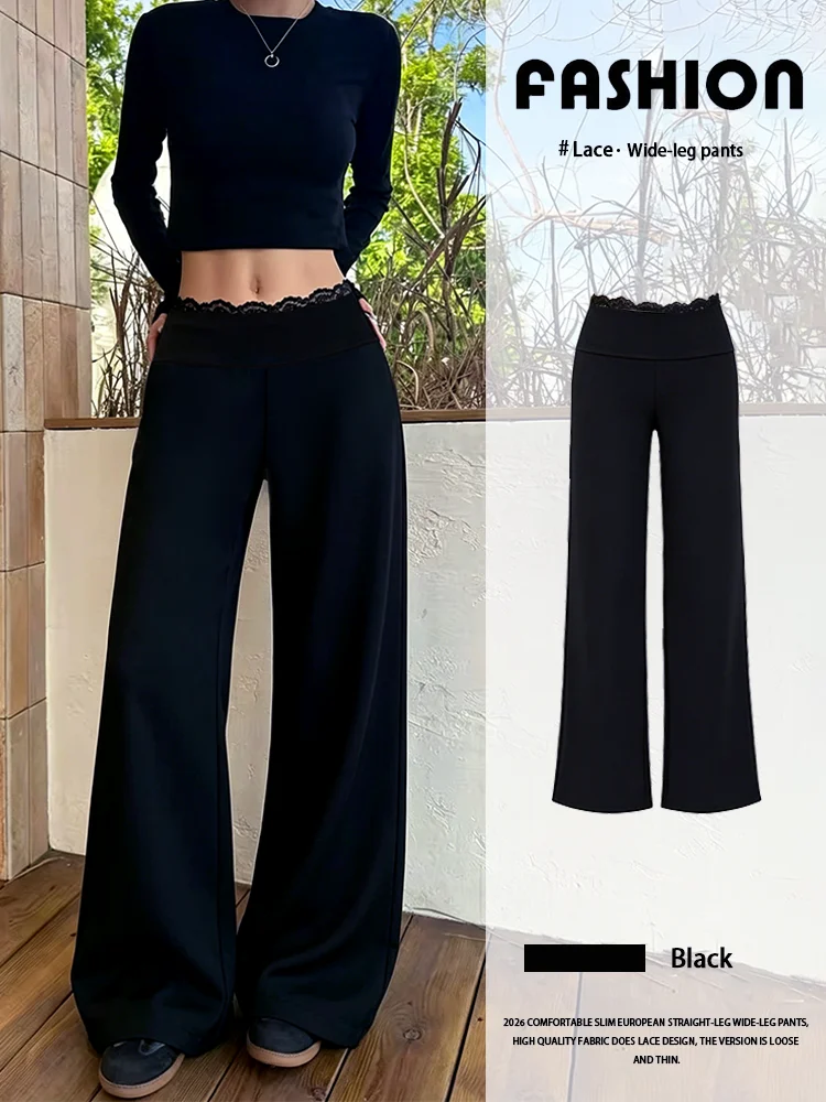 Spring and Summer New Style Women's Black Wide Leg Pants - High-Waist Lace Belt - Smooth and Flowing Fabric - Casual Pants