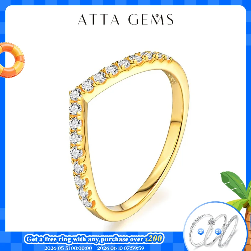 

ATTAGEMS Moissanite Diamond 18K Plated Rings Jewelry Moissanite Chevron Shared Prong Set Dainty Wedding Band with 1.5 MM Stones