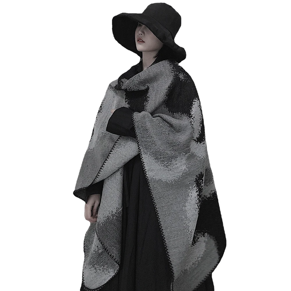 

Autumn Winter Cashmere Black Grey Double Split Shawl Scarf Imitation Cashmere Warm Coat Casual Women Shawl Poncho Capes Wraps